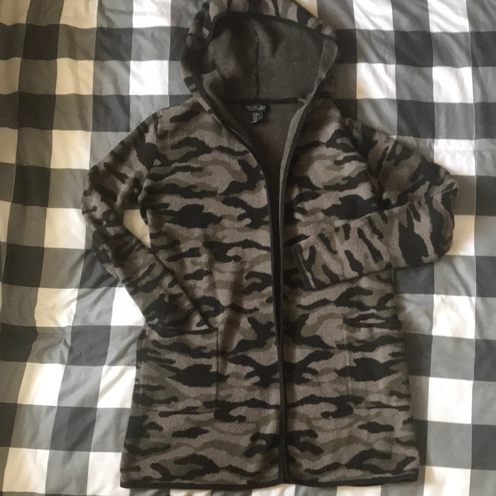 RACHEL ZOE Oversized CAMO Cardigan Sweater Black Olive Army Green Hood Sz XS S